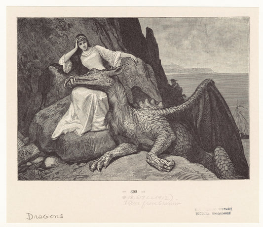 Dragon resting its head on the lap of a woman